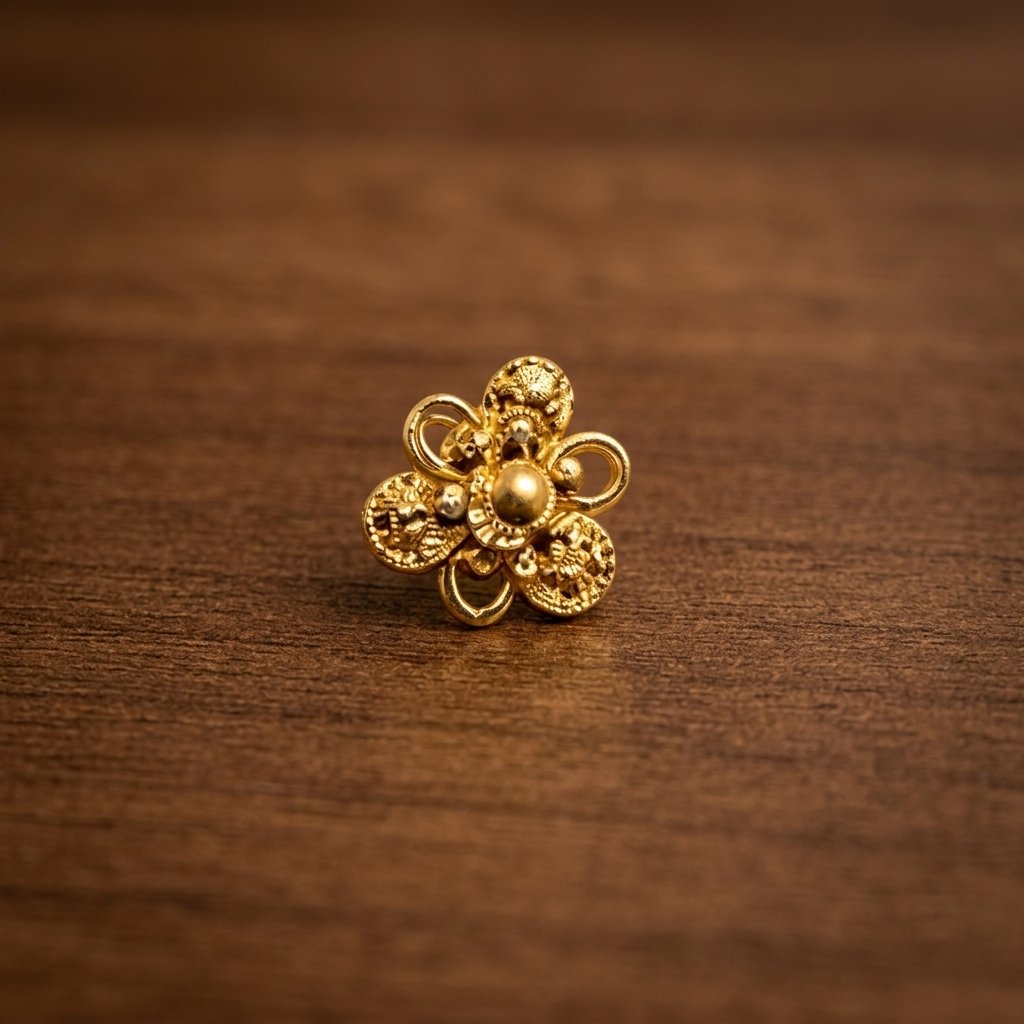 4 (1) Traditional Gold Textured Floral Filigree Nose Pin - Image 1
