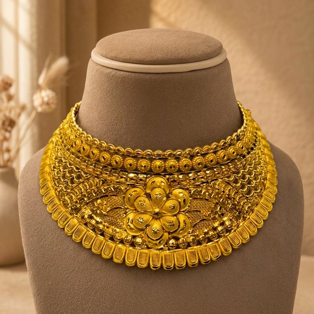 necklace (10) Gold Floral Jali Choker - Image 1